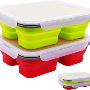 2 Pack Big Size Collapsible Silicone Bento Lunch Boxes With Lids,3 Compartments Lunch Food Storage Containers, Safe in Microwave, Dishwasher and Freezer, 45.6oz, BPA Free