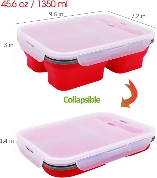 2 Pack Big Size Collapsible Silicone Bento Lunch Boxes With Lids,3 Compartments Lunch Food Storage Containers, Safe in Microwave, Dishwasher and Freezer, 45.6oz, BPA Free - Image 2