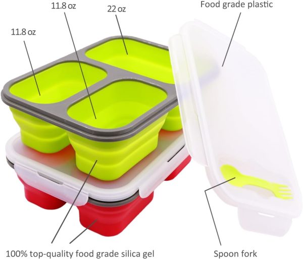 2 Pack Big Size Collapsible Silicone Bento Lunch Boxes With Lids,3 Compartments Lunch Food Storage Containers, Safe in Microwave, Dishwasher and Freezer, 45.6oz, BPA Free - Image 3