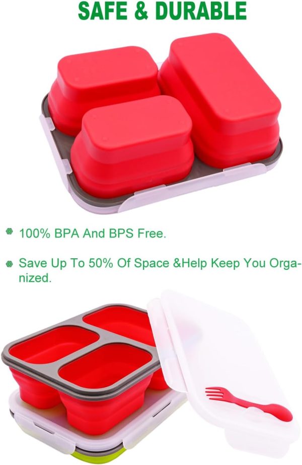 2 Pack Big Size Collapsible Silicone Bento Lunch Boxes With Lids,3 Compartments Lunch Food Storage Containers, Safe in Microwave, Dishwasher and Freezer, 45.6oz, BPA Free - Image 4