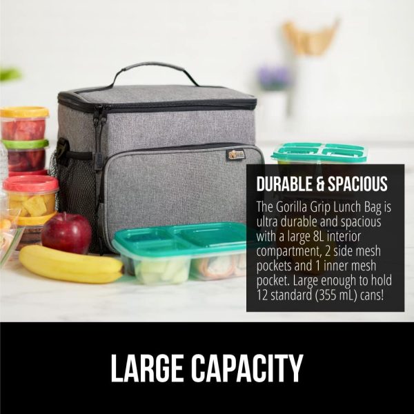 Gorilla Grip Reusable Insulated Lunch Bag, Leakproof Soft Cooler Bags with Mesh Pockets, 8 Liter Large Capacity Lightweight Food Tote Box for Work Camping Picnic School, Keep Drinks Cold, Light Gray - Image 3