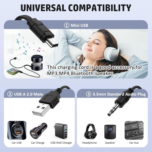 USB2.0 Charging Cord to Mini B Male and 3.5mm Jack Plug Audio Cable for iHome IHM60 IHM61 IHM59 Speakers MP3/MP4 Bluetooth Speaker (Mini USB) - Image 6